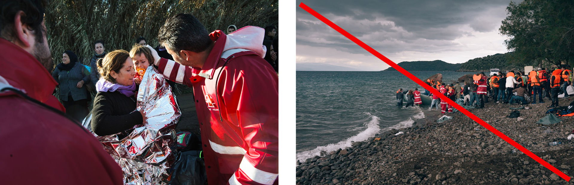 Den första bilden visar en mor och ett litet barn, som gråter och är inlindat i en nödfilt. En rödakorsfrivillig står bredvid och tröstar barnet. Den andra bilden visar en gummibåt på en strand och ett stort antal invandrare som räddats ur havet samt rödakorsfrivilliga som hjälper dem.