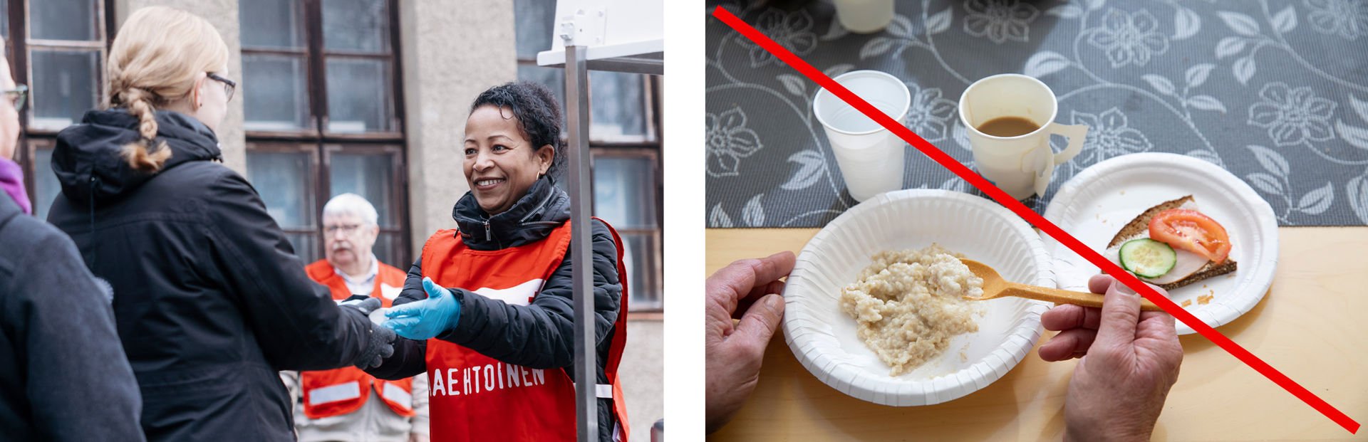 På den första bilden räcker en leende rödakorsfrivillig ett kokkärl till en hjälpmottagare bredvid ett fältkök. Den andra bilden är en närbild av en hand som håller i en sked samt en gröttallrik, kaffe och bröd.