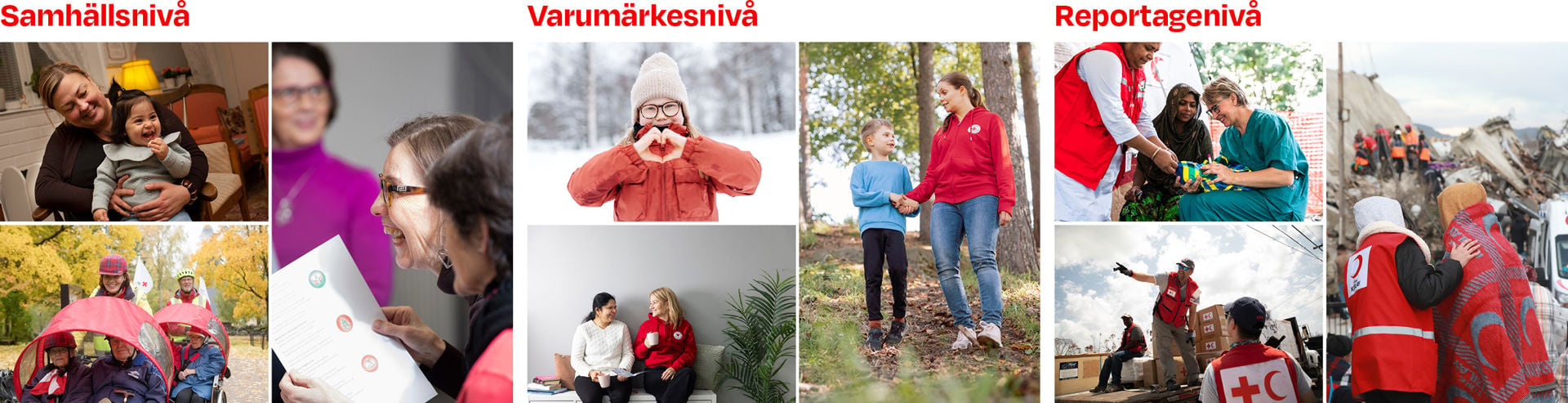 Ett kollage med flera bilder om Röda Korsets verksamhet. Texten lyder "Samhällsnivå, varumärkesnivå, reportagenivå”.