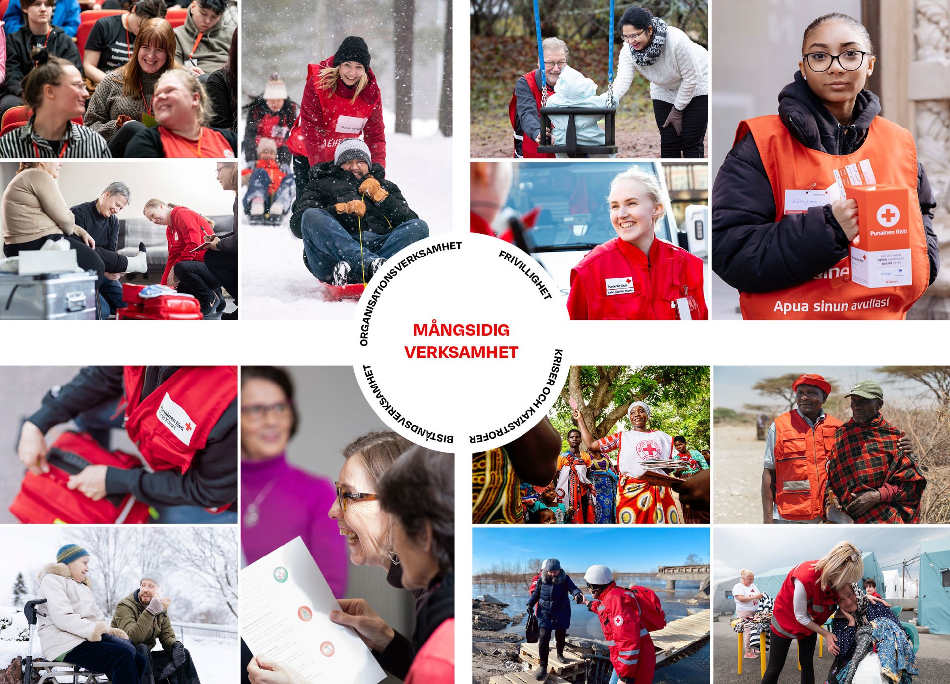 Ett kollage med många bilder som beskriver Röda Korsets verksamhet. Mitt på bilden finns texten " Mångsidig verksamhet, organisationsverksamhet, frivillighet, kriser och katastrofer, biståndsverksamhet”.