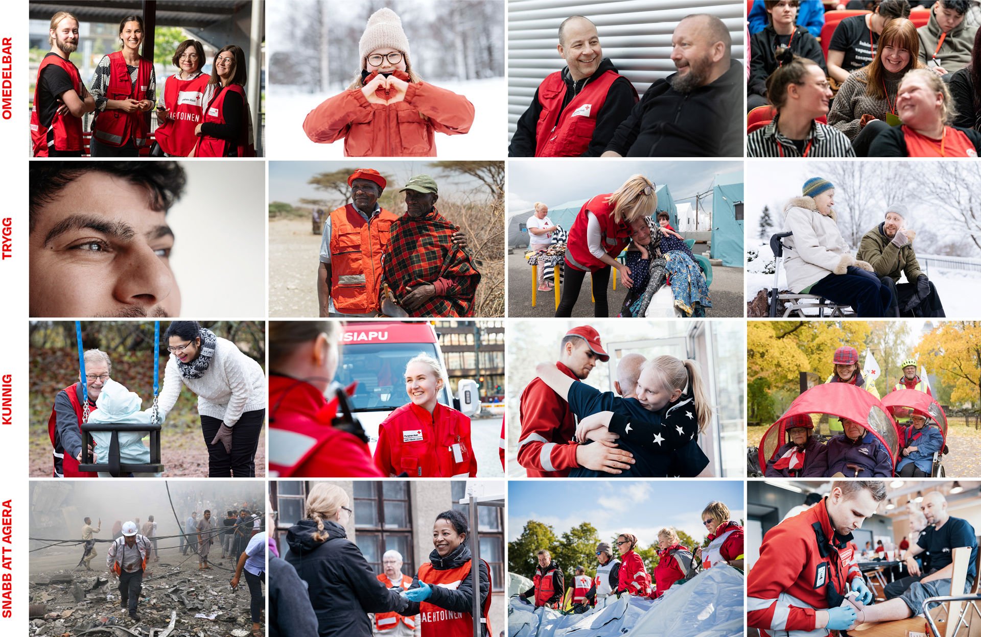 Ett kollage med många bilder som beskriver Röda Korsets verksamhet. På sidan av bilden finns texten "Omedelbar, trygg, kunnig, snabb att agera".