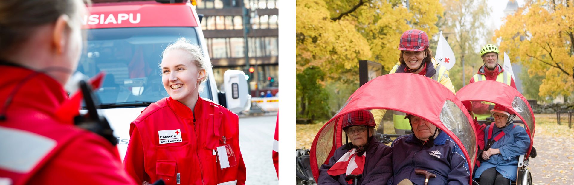 Den första bilden visar en leende rödakorsfrivillig utomhus. På den andra bilden är leende rödakorsfrivilliga ute med äldre personer i cykelrikshor.