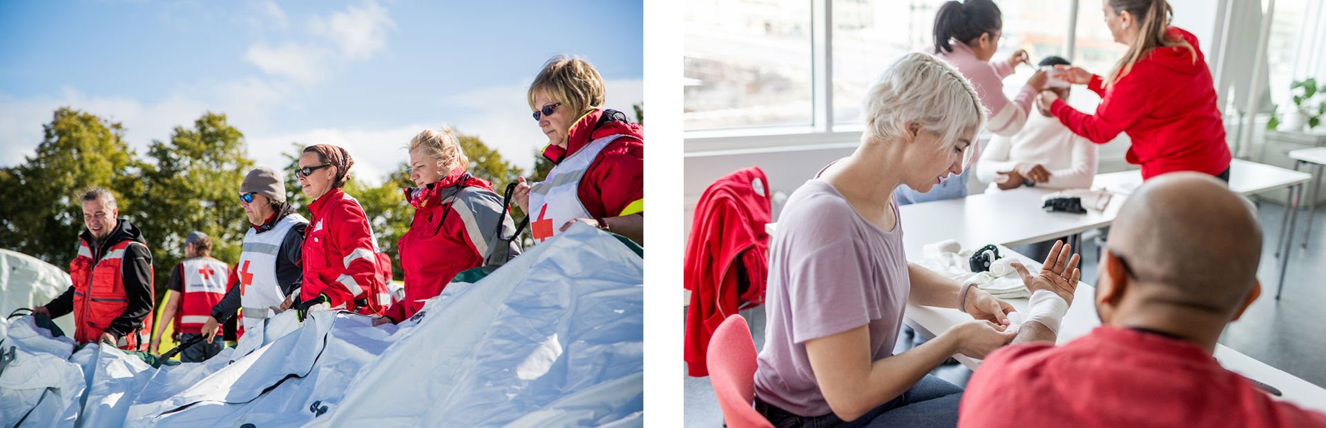 På den första bilden sätter leende människor i Röda Korsets kläder upp ett tält i soligt väder. På den andra bilden övar fem personer sig på att lägga förband inomhus