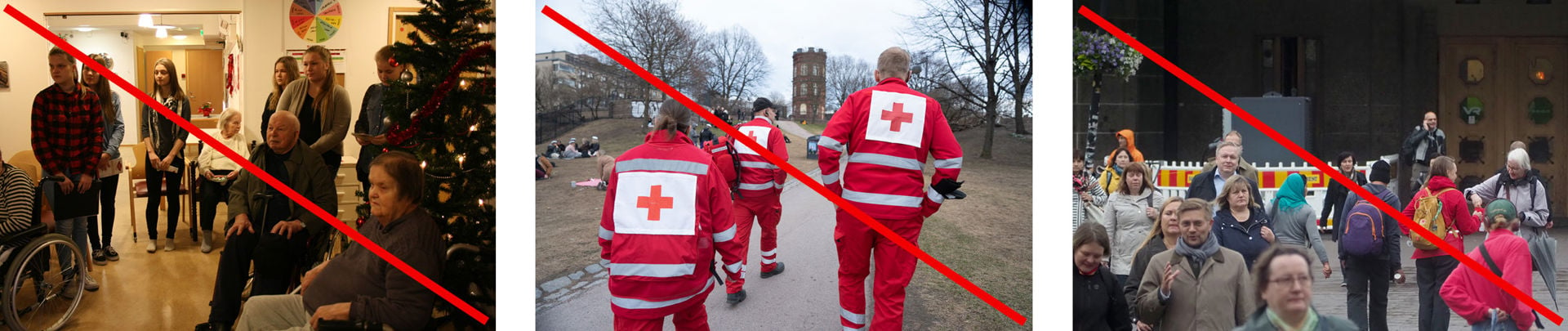 Den första bilden visar flera allvarliga äldre personer och frivilliga i dunkel belysning. På den andra bilden går tre av Röda Korsets första hjälpen-jourhavande utomhus med ryggen mot kameran. På den tredje bilden samlar en bössinsamlare in medel till Röda Korset i ett folkvimmel.